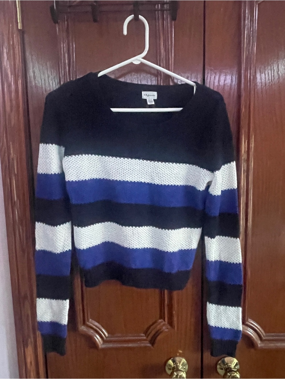 Dynamite Black, White & Blue Striped Crewneck Sweater